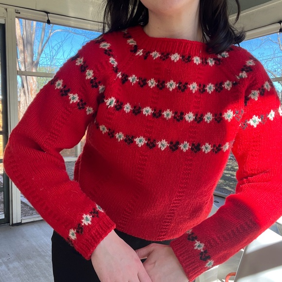 Vintage Sweaters - Vintage 1970s Red Floral Wool Knit Sweater